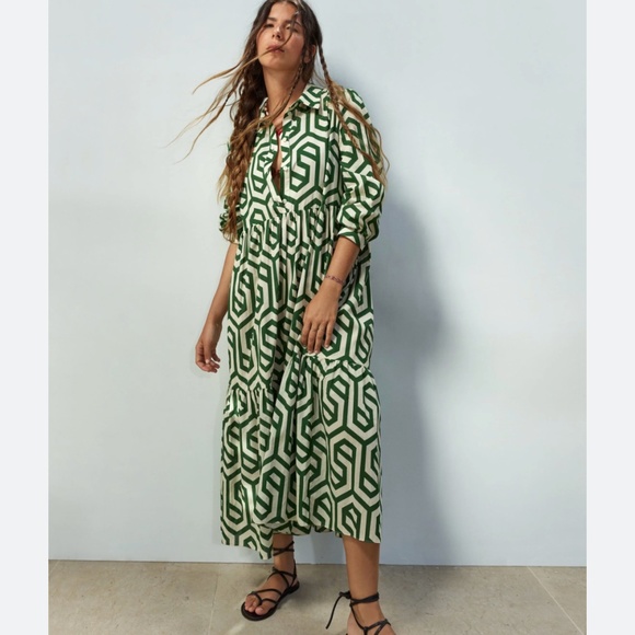 Zara Dresses & Skirts - Zara geometrical print button down green midi dress XS